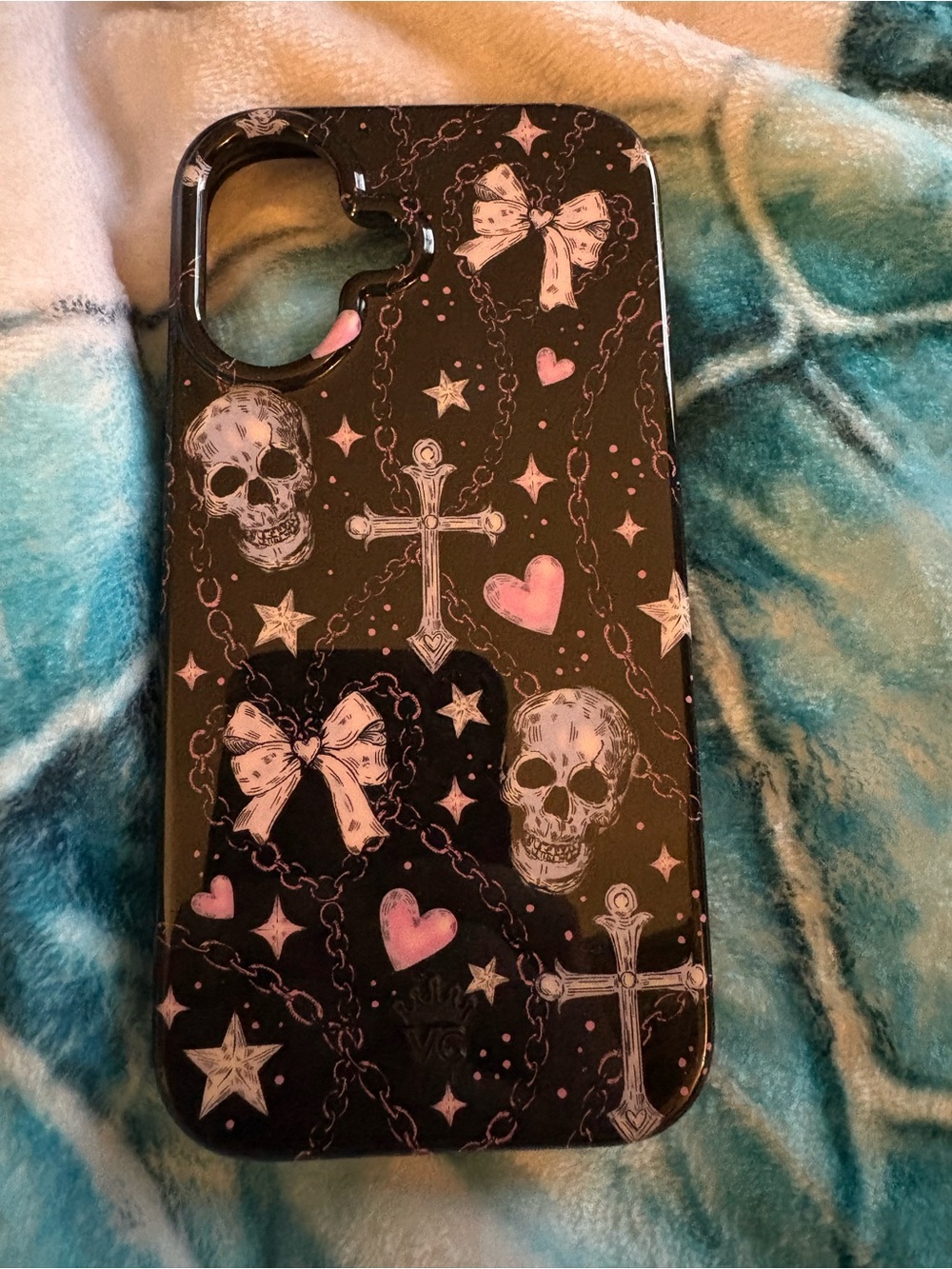 Velvet Caviar iPhone 16 Black & Pink Skull Cross Phone Case
